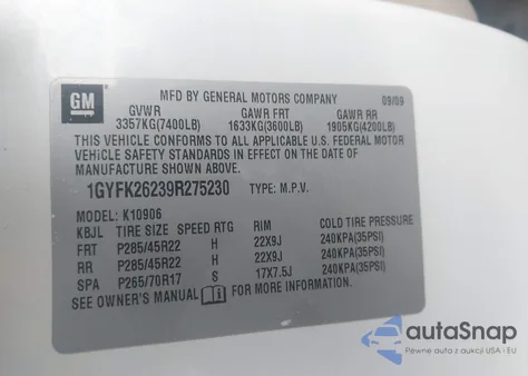 2009 Cadillac Escalade Esv Standard z USA, uszkodzony, nr VIN 1GYFK26239R275230